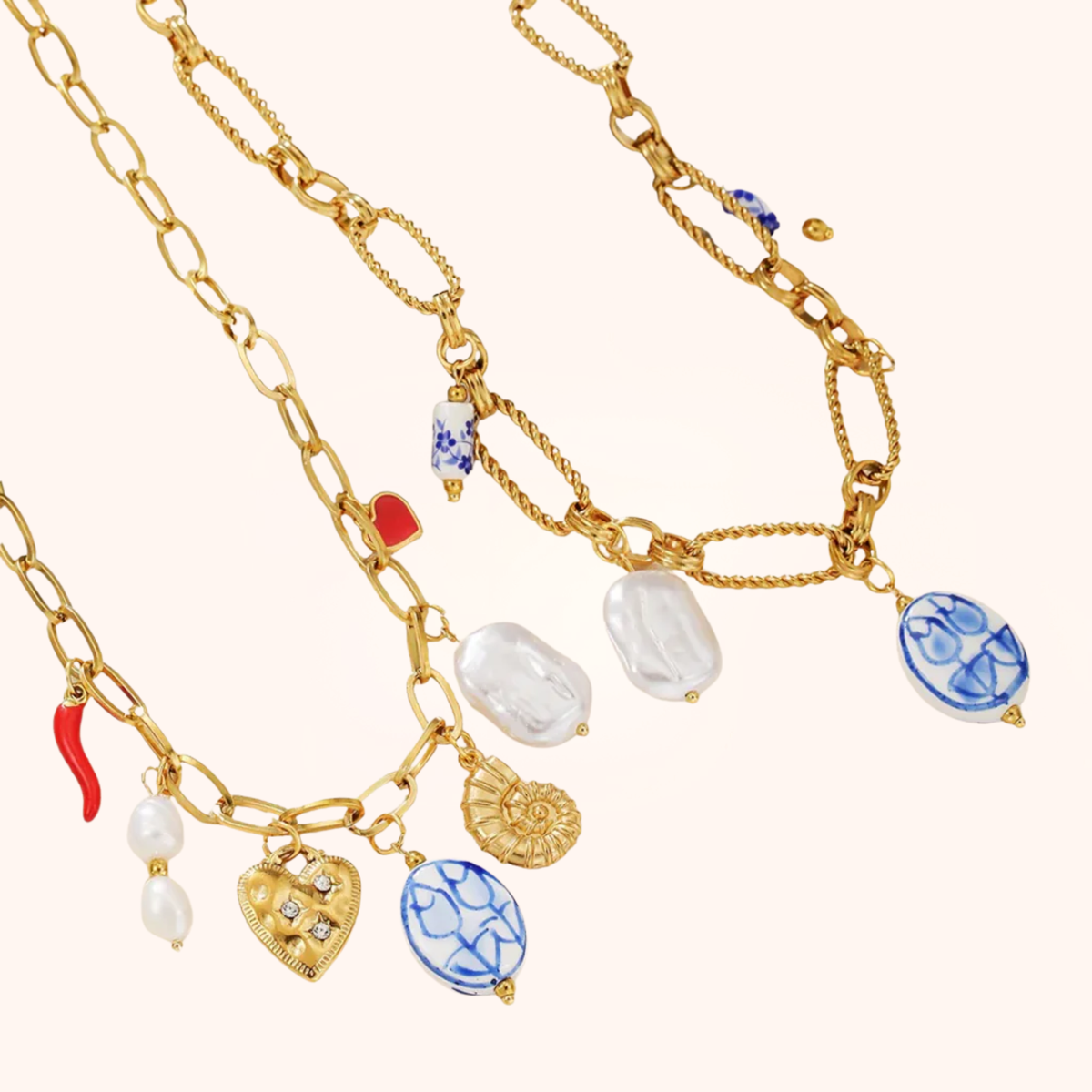 Heart Charm Layered Pearl Necklace
