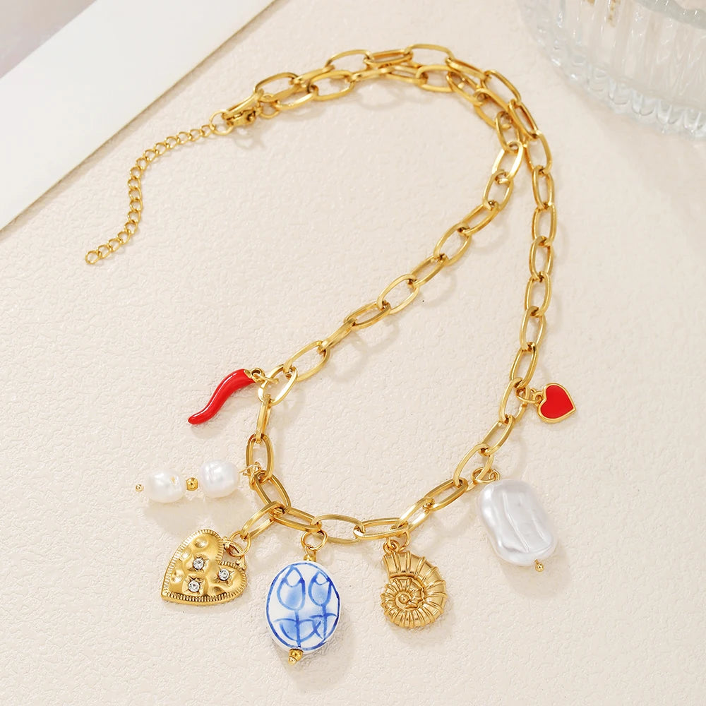 Heart Charm Layered Pearl Necklace