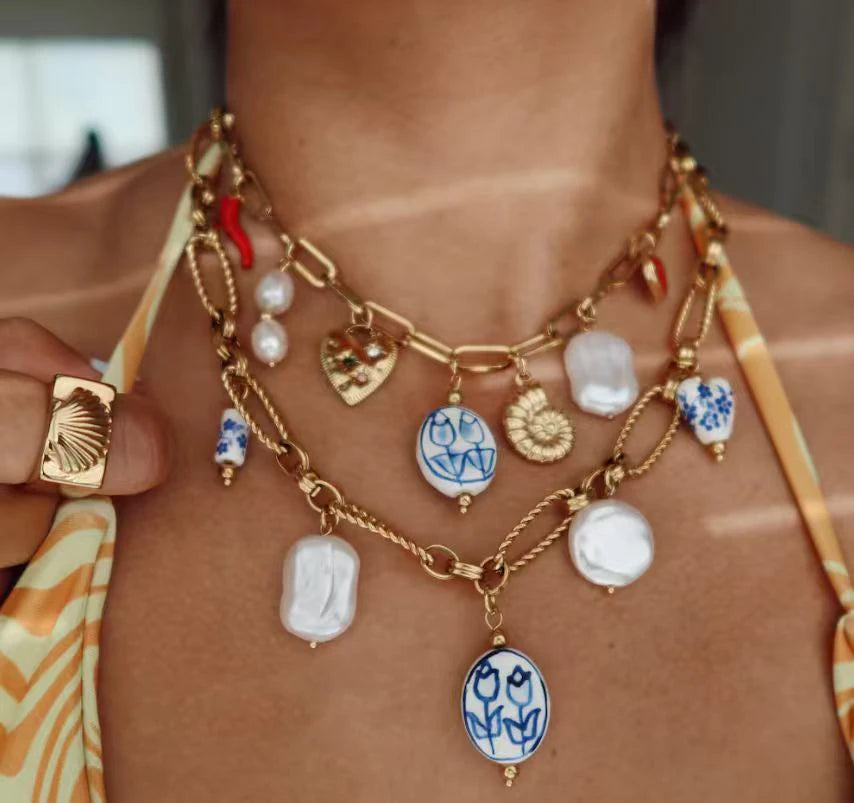 Heart Charm Layered Pearl Necklace