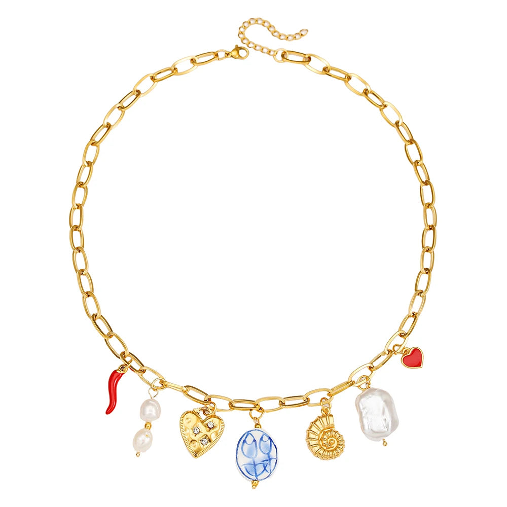 Heart Charm Layered Pearl Necklace
